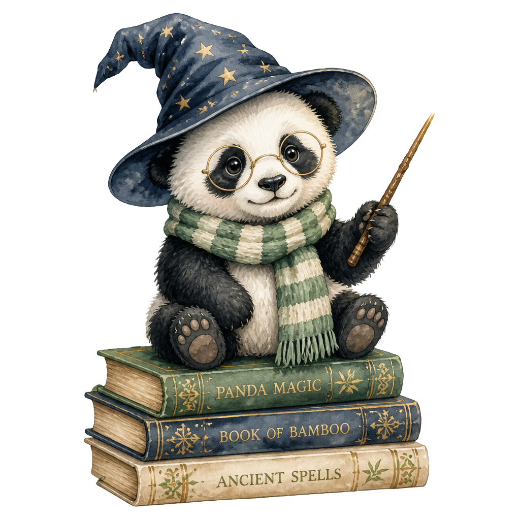 Watercolor illustration of a baby panda wizard in a starry hat and striped scarf, holding a wand