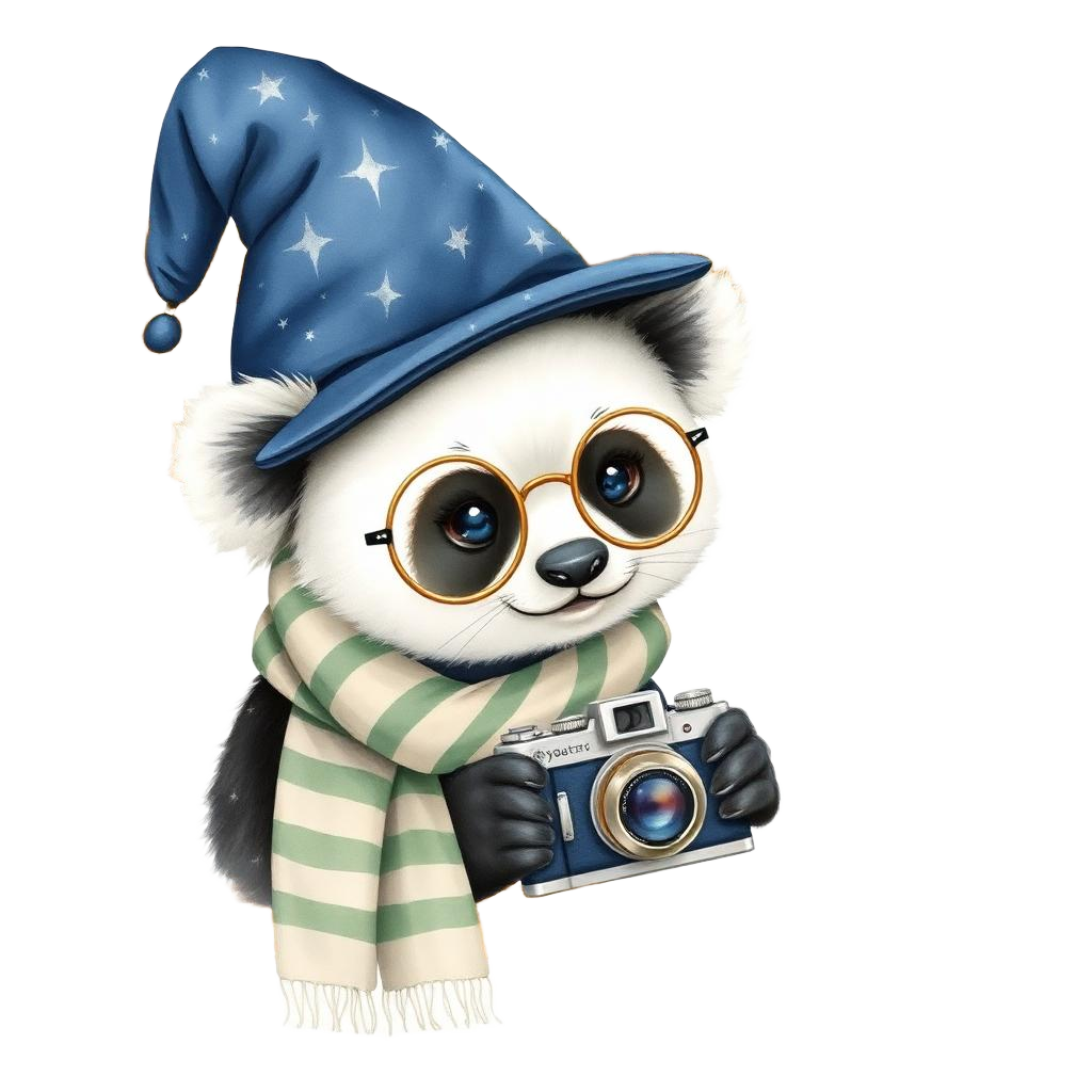 Watercolor baby panda wizard in round spectacles holding a vintage camera