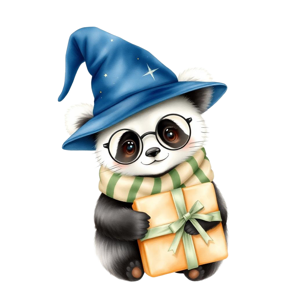Watercolor baby panda wizard hugging a wrapped gift box