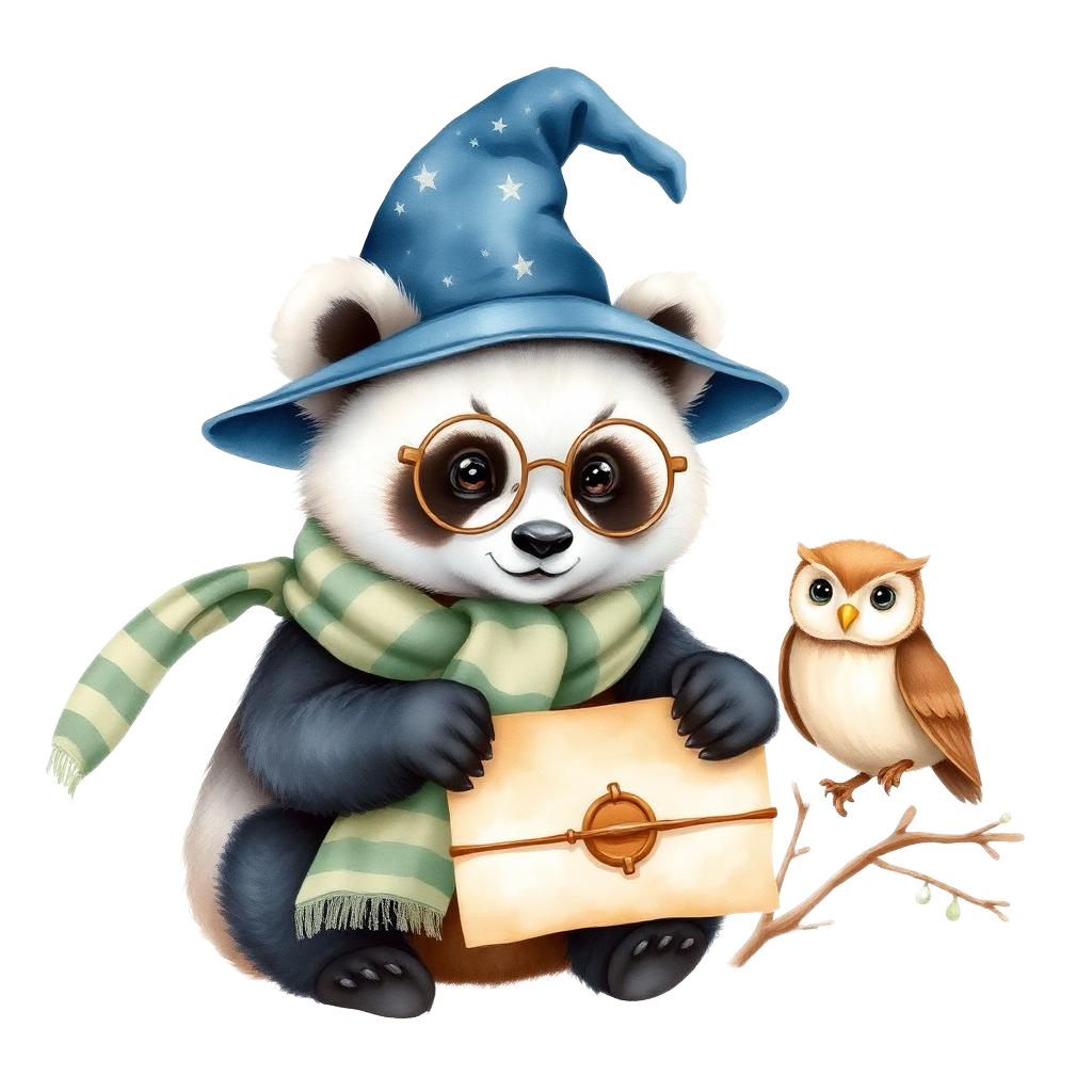 Watercolor baby panda wizard holding a sealed invitation beside a small owl
