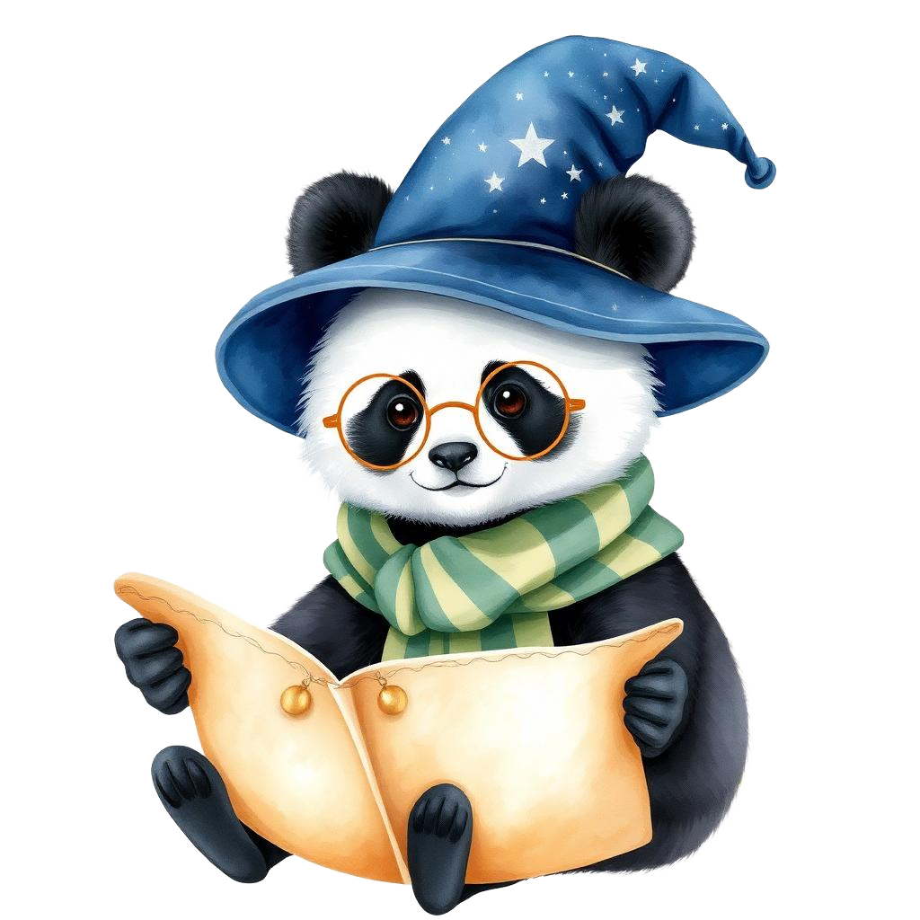 Watercolor baby panda wizard in a starry hat reading a parchment map